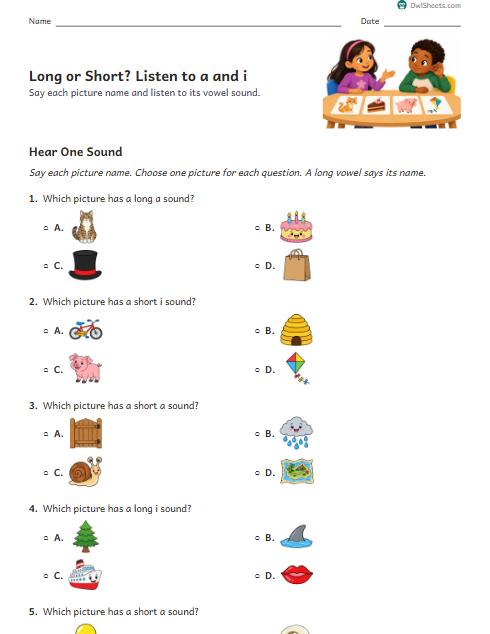 Long or Short? Listen to a and i worksheet preview