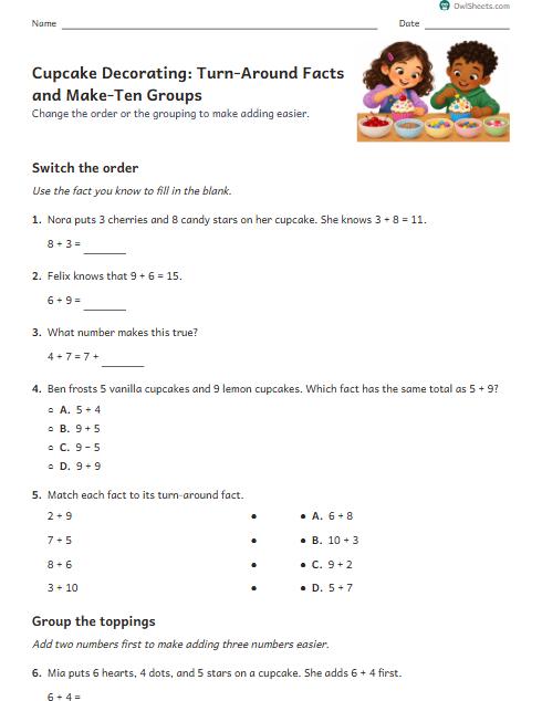 Cupcake Decorating: Turn-Around Facts and Make-Ten Groups worksheet preview