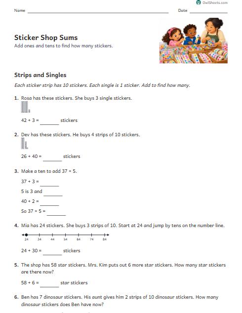 Sticker Shop Sums worksheet preview
