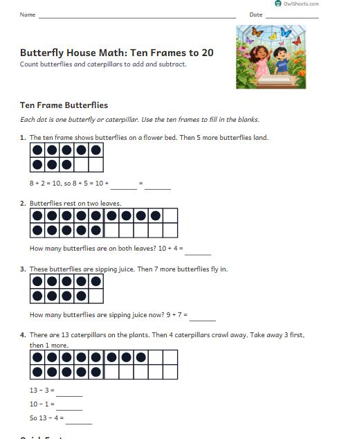 Butterfly House Math: Ten Frames to 20 worksheet preview
