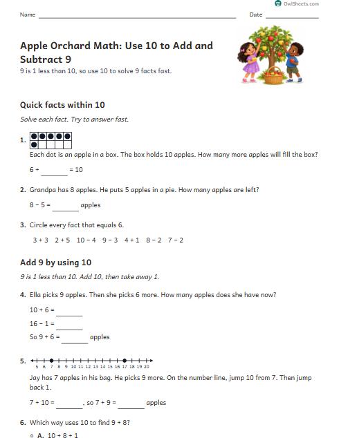 Apple Orchard Math: Use 10 to Add and Subtract 9 worksheet preview