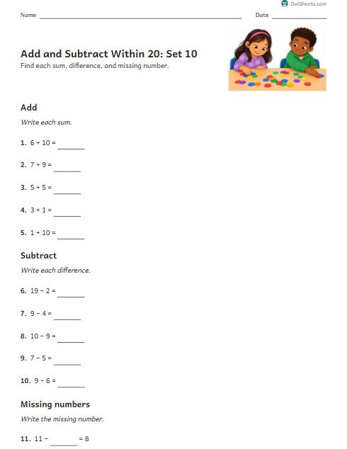 Add and Subtract Within 20: Set 10 worksheet preview