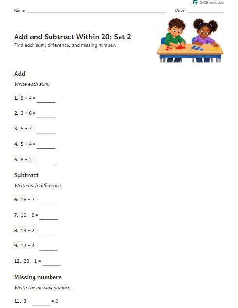 Add and Subtract Within 20: Set 2 worksheet preview