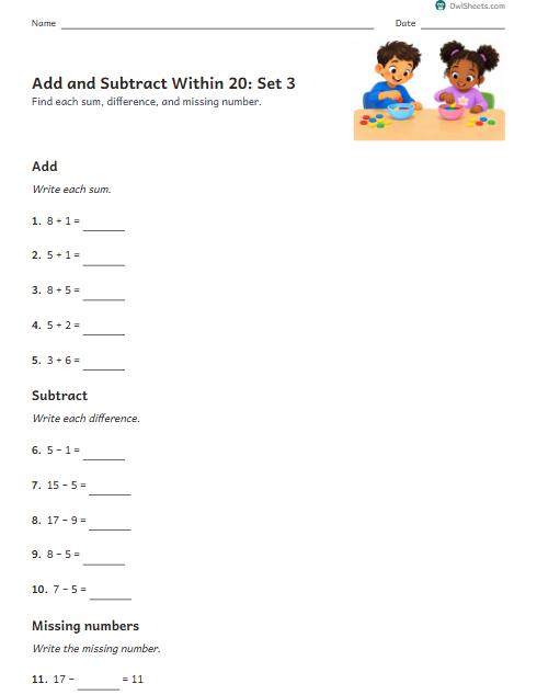 Add and Subtract Within 20: Set 3 worksheet preview