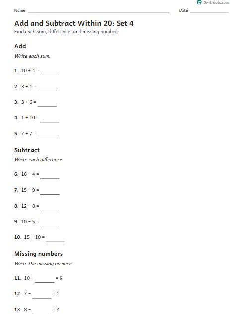 Add and Subtract Within 20: Set 4 worksheet preview