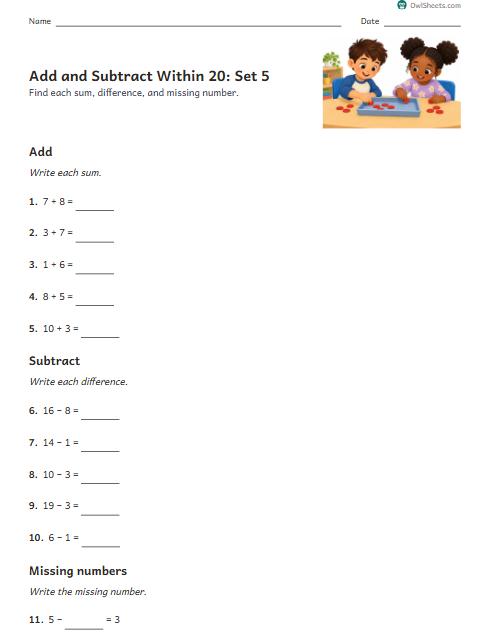 Add and Subtract Within 20: Set 5 worksheet preview