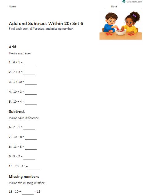 Add and Subtract Within 20: Set 6 worksheet preview