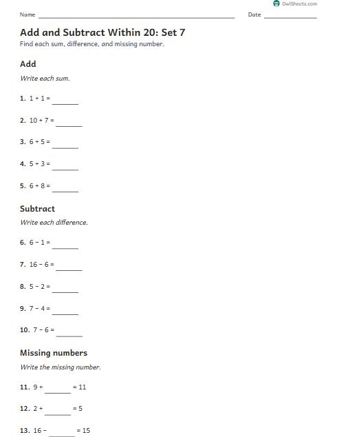 Add and Subtract Within 20: Set 7 worksheet preview