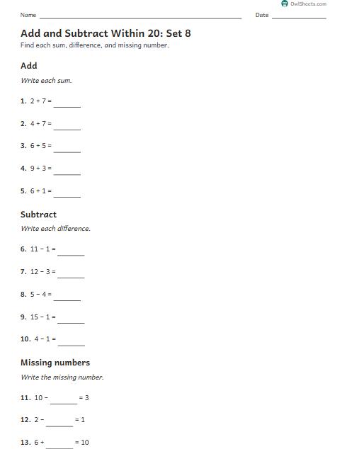 Add and Subtract Within 20: Set 8 worksheet preview