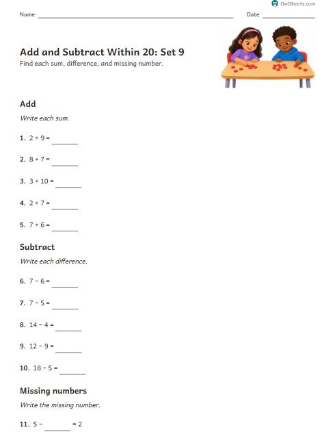 Add and Subtract Within 20: Set 9 worksheet preview
