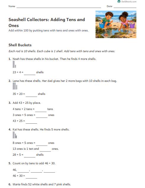 Seashell Collectors: Adding Tens and Ones worksheet preview