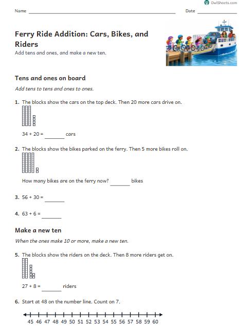 Ferry Ride Addition: Cars, Bikes, and Riders worksheet preview
