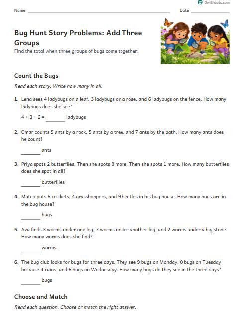 Bug Hunt Story Problems: Add Three Groups worksheet preview