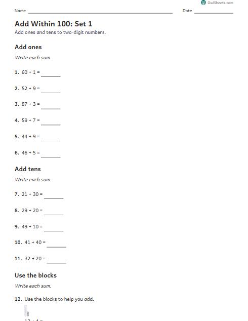 Add Within 100: Set 1 worksheet preview