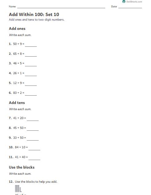 Add Within 100: Set 10 worksheet preview