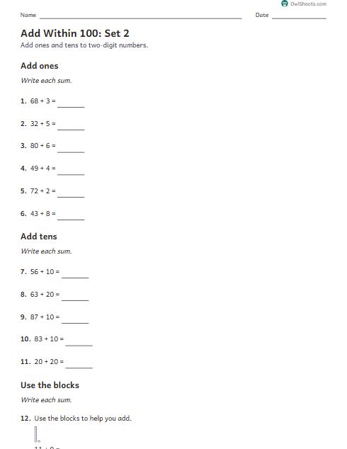 Add Within 100: Set 2 worksheet preview