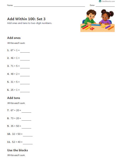 Add Within 100: Set 3 worksheet preview