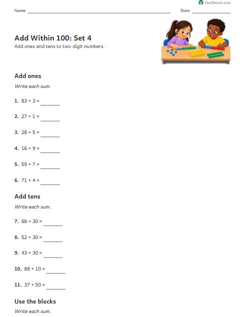 Add Within 100: Set 4 worksheet preview