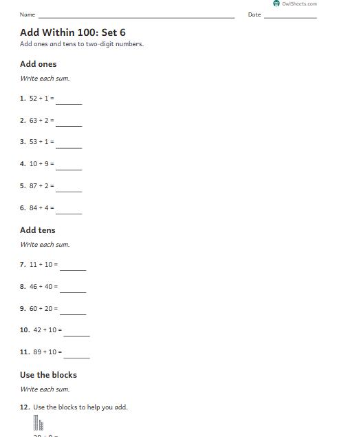 Add Within 100: Set 6 worksheet preview