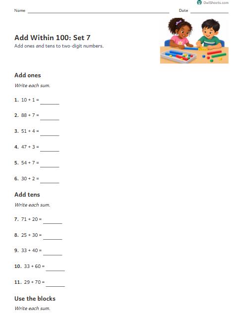 Add Within 100: Set 7 worksheet preview