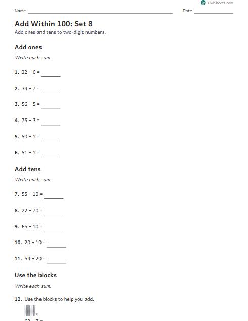 Add Within 100: Set 8 worksheet preview