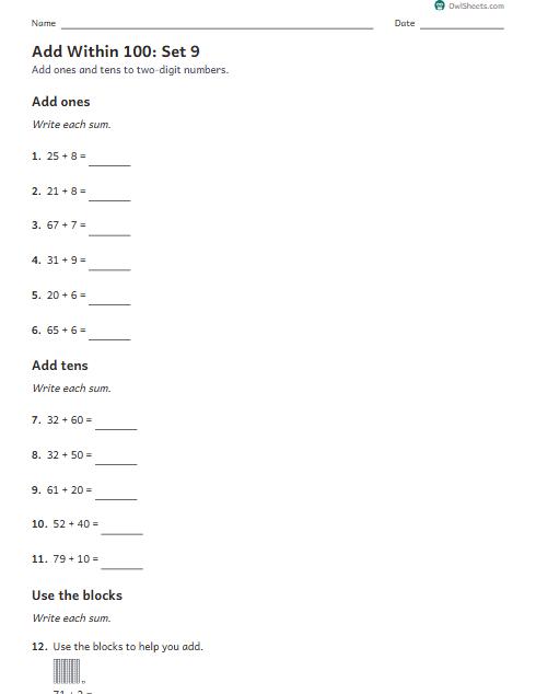 Add Within 100: Set 9 worksheet preview