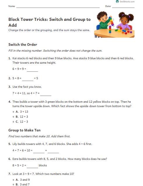 Block Tower Tricks: Switch and Group to Add worksheet preview