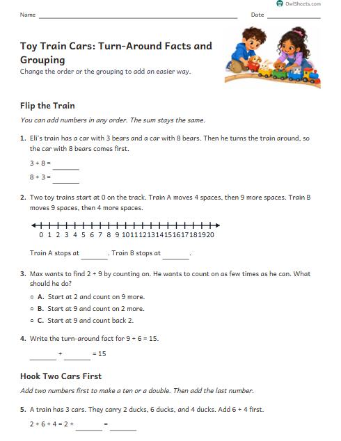 Toy Train Cars: Turn-Around Facts and Grouping worksheet preview
