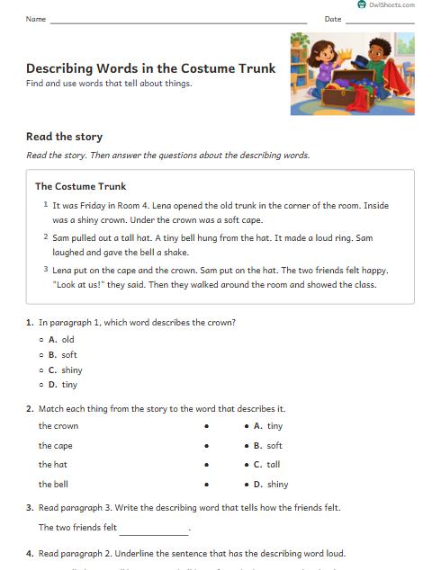 Describing Words in the Costume Trunk worksheet preview