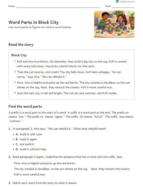 Word Parts in Block City worksheet preview
