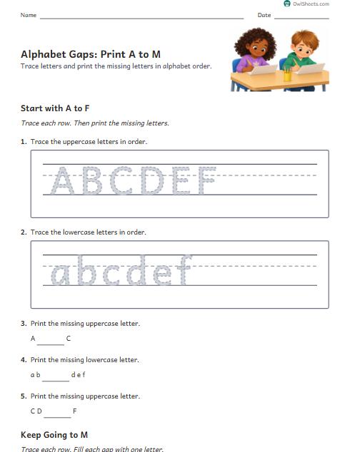 Alphabet Gaps: Print A to M worksheet preview