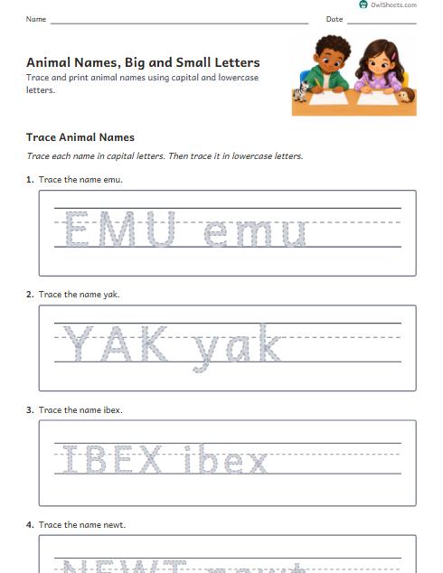 Animal Names, Big and Small Letters worksheet preview