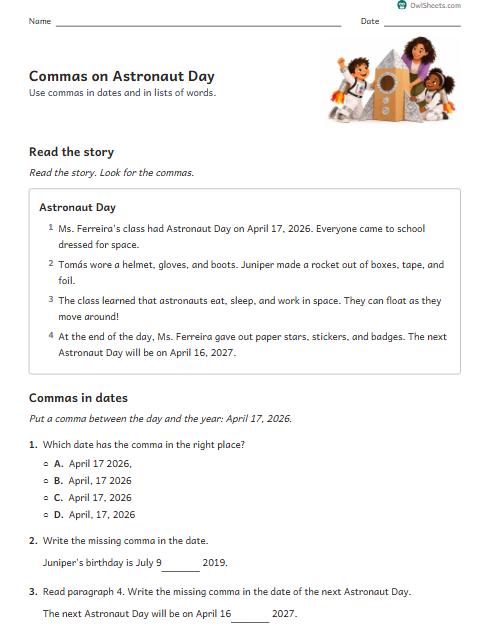 Commas on Astronaut Day worksheet preview
