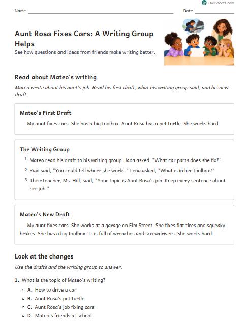 Aunt Rosa Fixes Cars: A Writing Group Helps worksheet preview