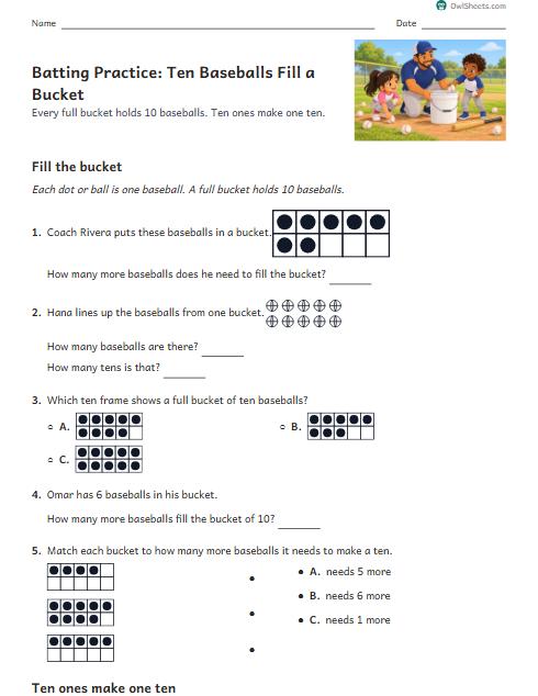 Batting Practice: Ten Baseballs Fill a Bucket worksheet preview