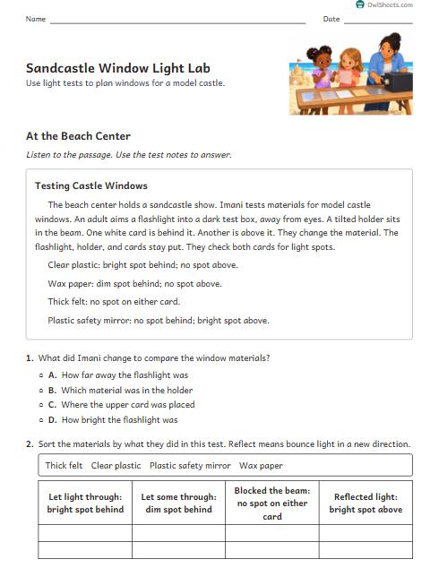 Sandcastle Window Light Lab worksheet preview