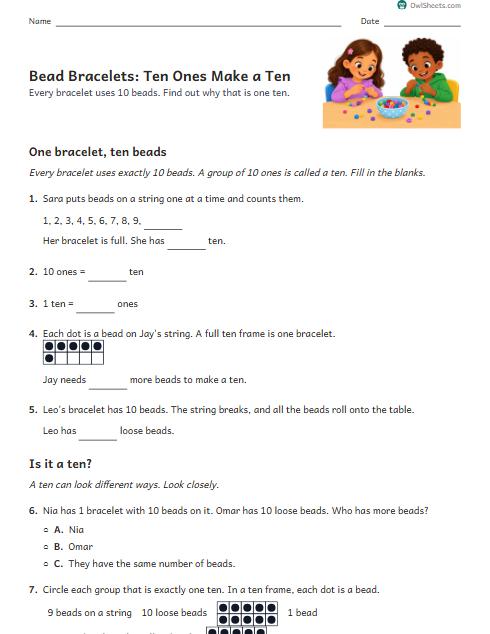 Bead Bracelets: Ten Ones Make a Ten worksheet preview