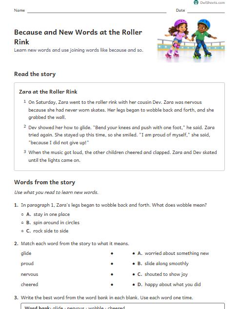 Because and New Words at the Roller Rink worksheet preview