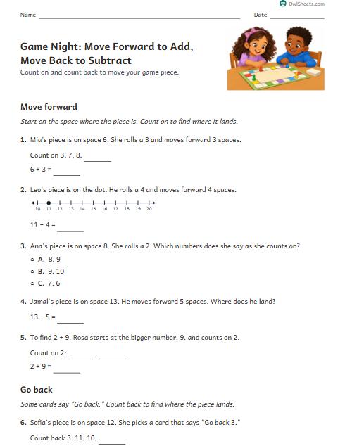 Game Night: Move Forward to Add, Move Back to Subtract worksheet preview