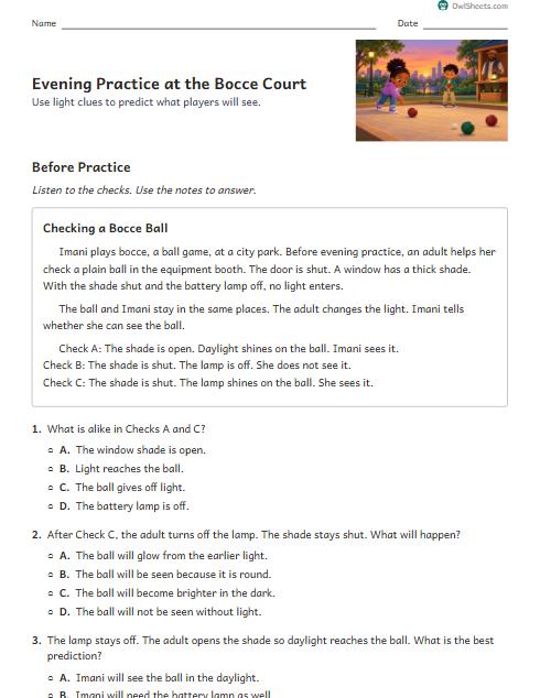 Evening Practice at the Bocce Court worksheet preview