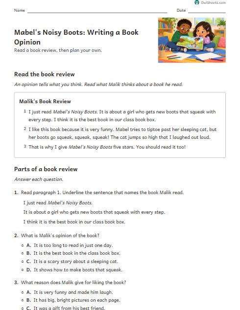 Mabel's Noisy Boots: Writing a Book Opinion worksheet preview