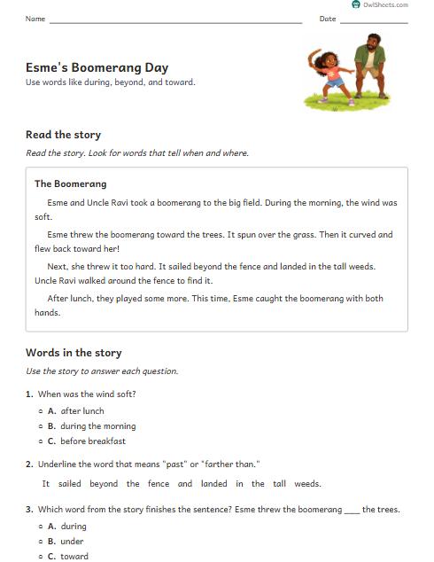 Esme's Boomerang Day worksheet preview