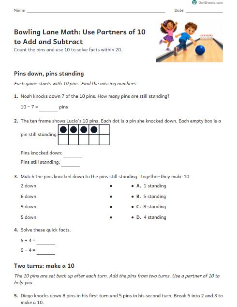 Bowling Lane Math: Use Partners of 10 to Add and Subtract worksheet preview