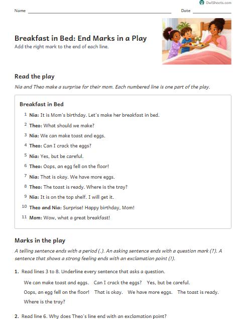 Breakfast in Bed: End Marks in a Play worksheet preview
