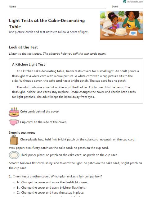 Light Tests at the Cake-Decorating Table worksheet preview
