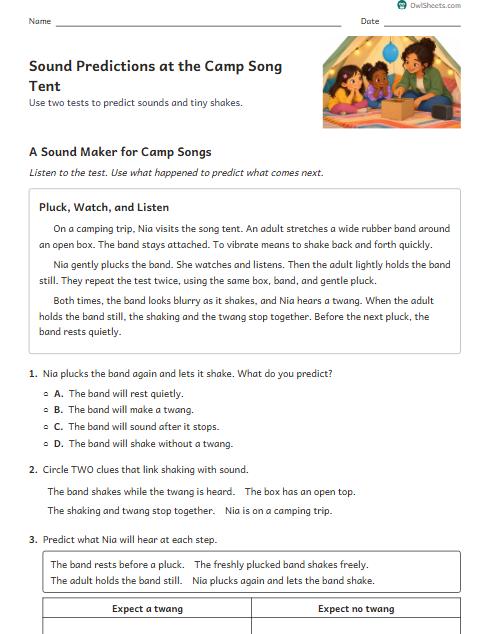 Sound Predictions at the Camp Song Tent worksheet preview