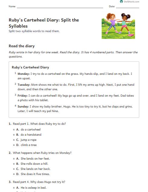 Ruby's Cartwheel Diary: Split the Syllables worksheet preview
