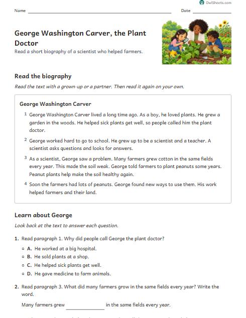 George Washington Carver, the Plant Doctor worksheet preview