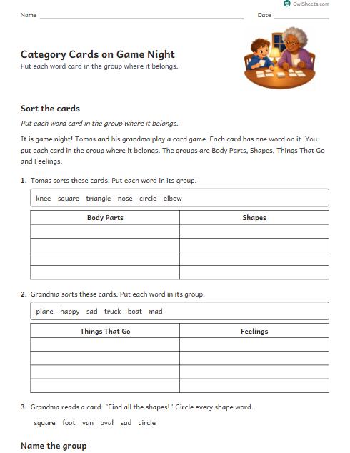 Category Cards on Game Night worksheet preview