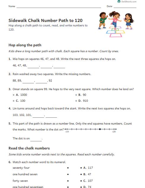 Sidewalk Chalk Number Path to 120 worksheet preview